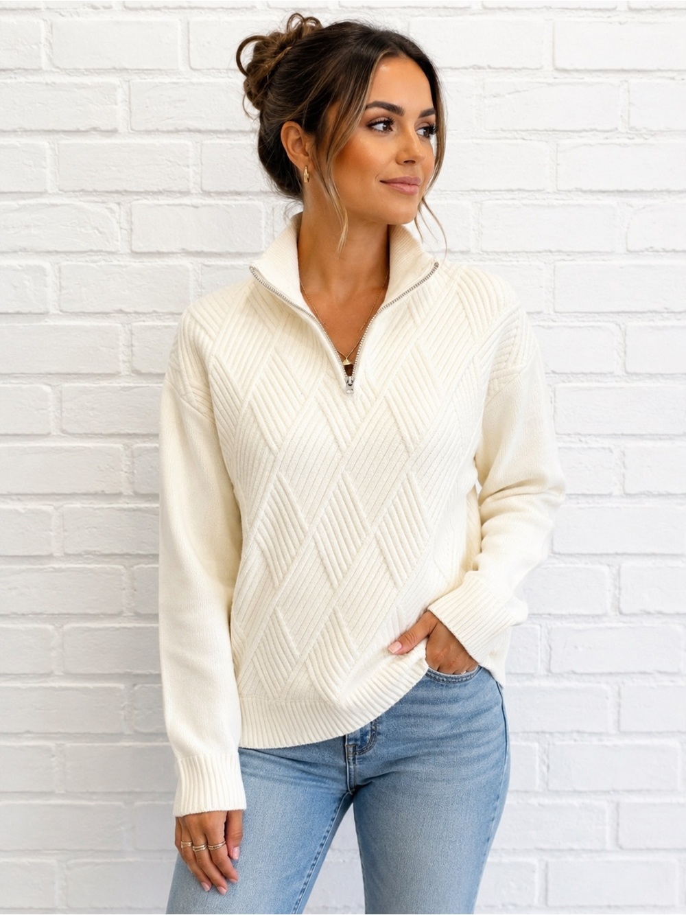 NWT Stitches + Stripes Cream Quarter Zip soft knit pullover sweater sz medium